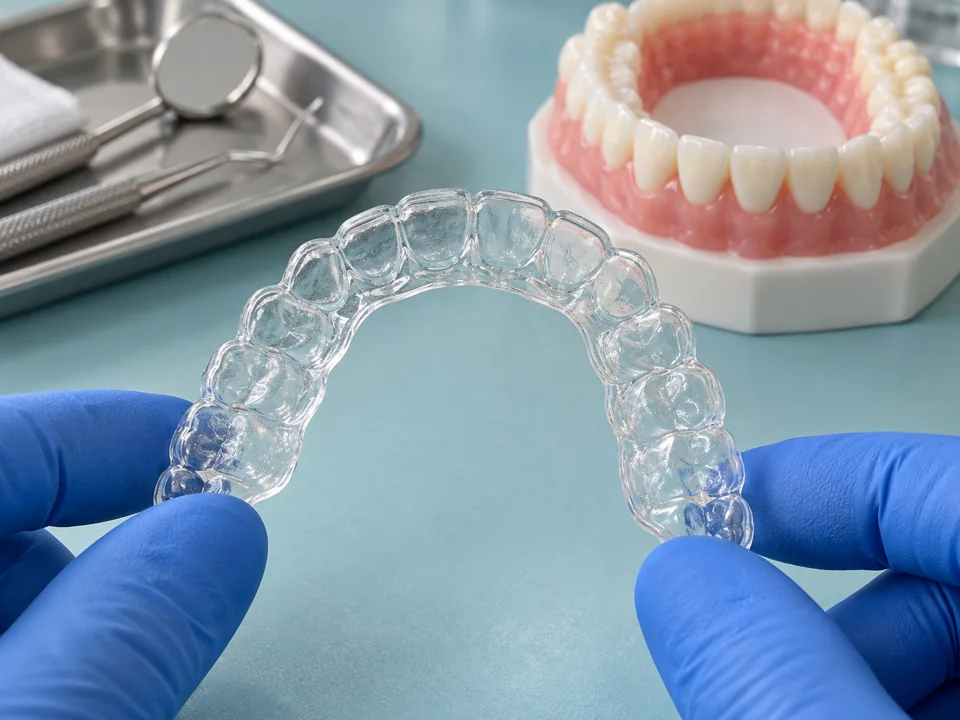 Illustrative clear orthodontic retainer held above a dental model for retention after braces