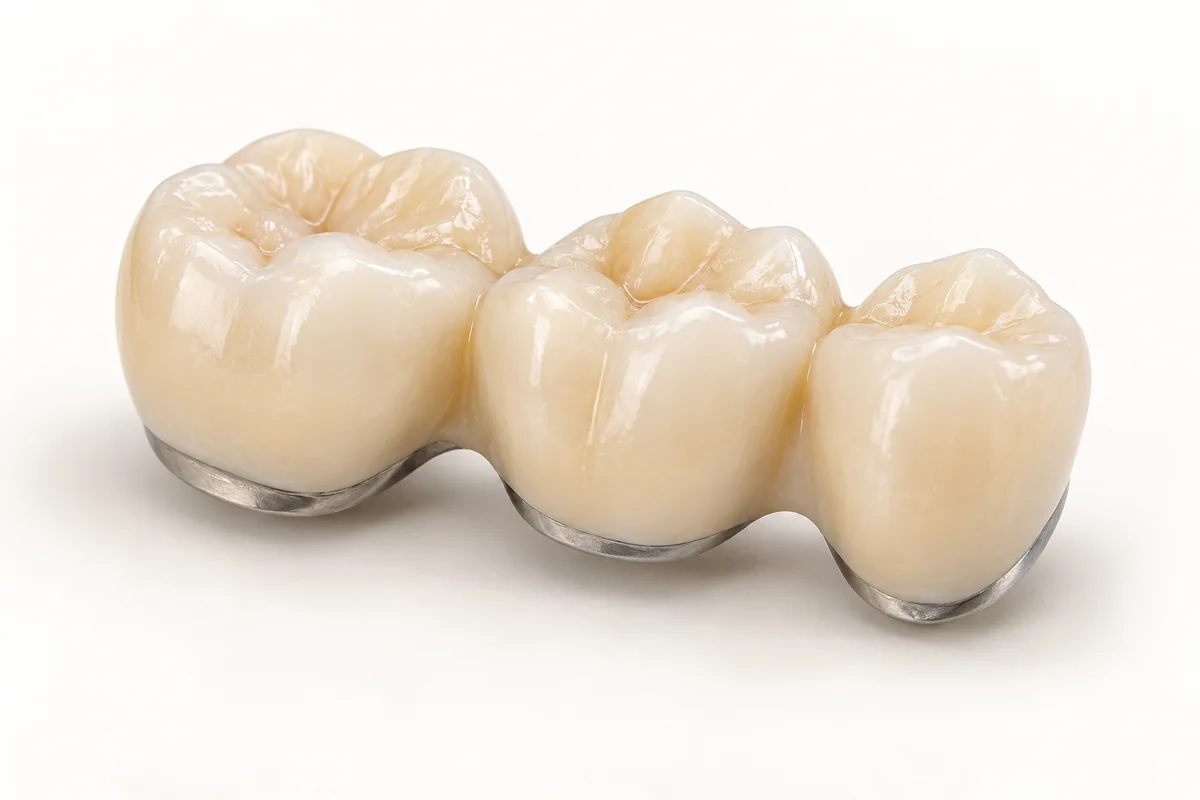 Illustrative porcelain-fused-to-metal bridge with connected tooth-coloured units and a visible metal margin.