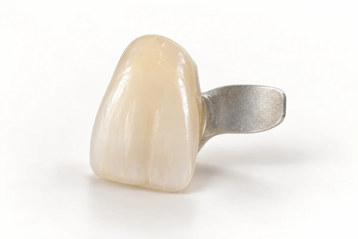 Illustrative resin-bonded bridge with a single replacement front tooth and a metal bonding wing.