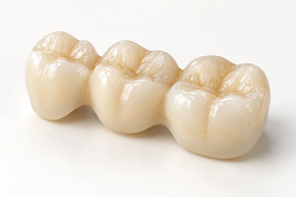 Illustrative laboratory product showing three connected tooth-coloured units of a ceramic dental bridge.
