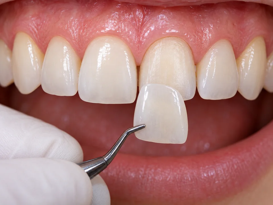Illustrative close-up of a thin ceramic veneer being positioned over a lightly prepared upper central incisor
