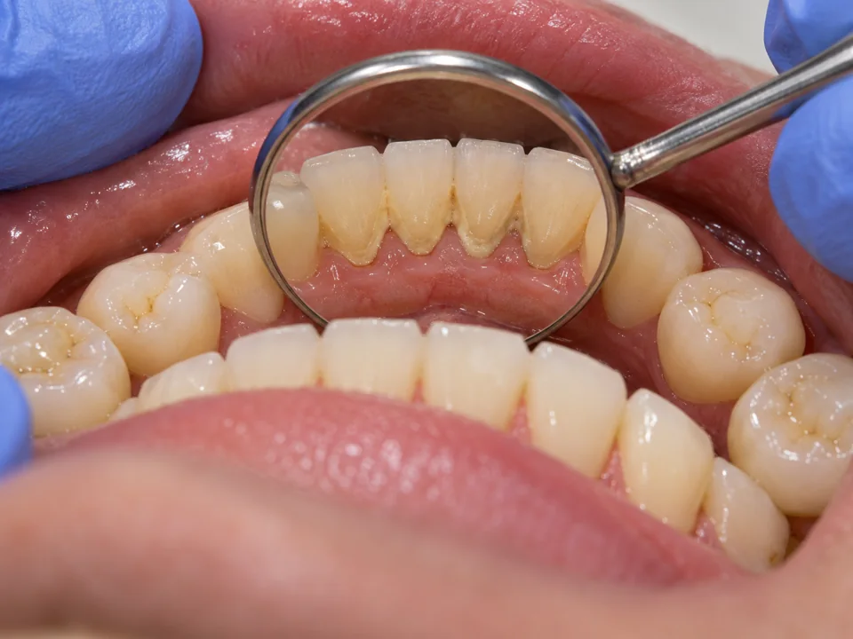 Illustrative dental mirror examination showing calculus on the inner surfaces of lower front teeth