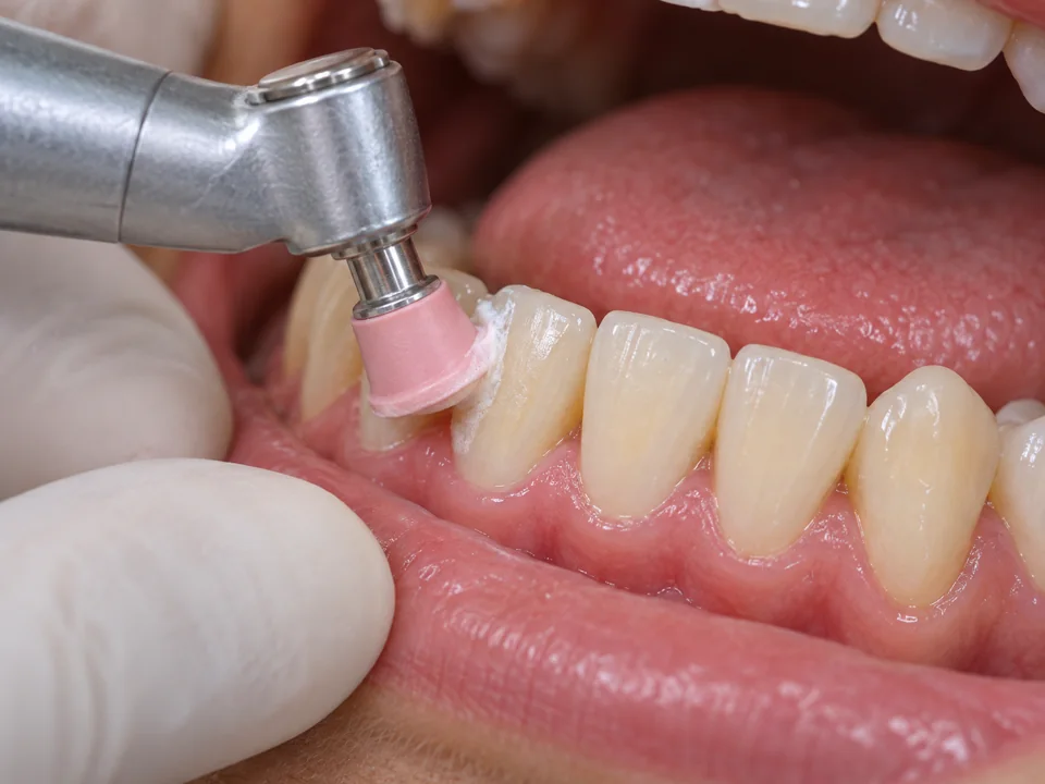 Illustrative close-up of a rubber polishing cup smoothing the surface of a lower front tooth after scaling