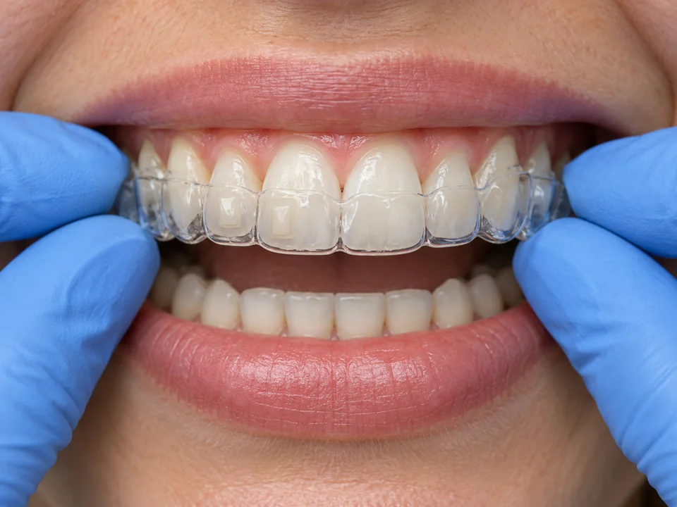 Illustrative close-up of gloved fingers seating a clear aligner over upper teeth with small tooth-coloured attachments