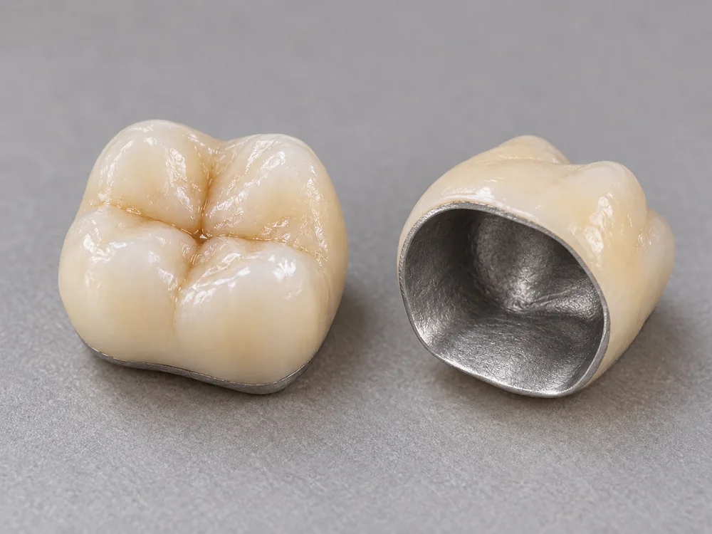 Illustrative Porcelain fused to metal (PFM) appearance: outer chewing surface and hollow lower fitting surface