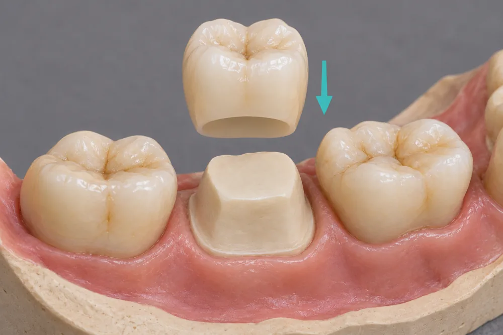 Illustrative ceramic crown aligned above the same prepared molar, showing how its hollow underside seats over the tooth