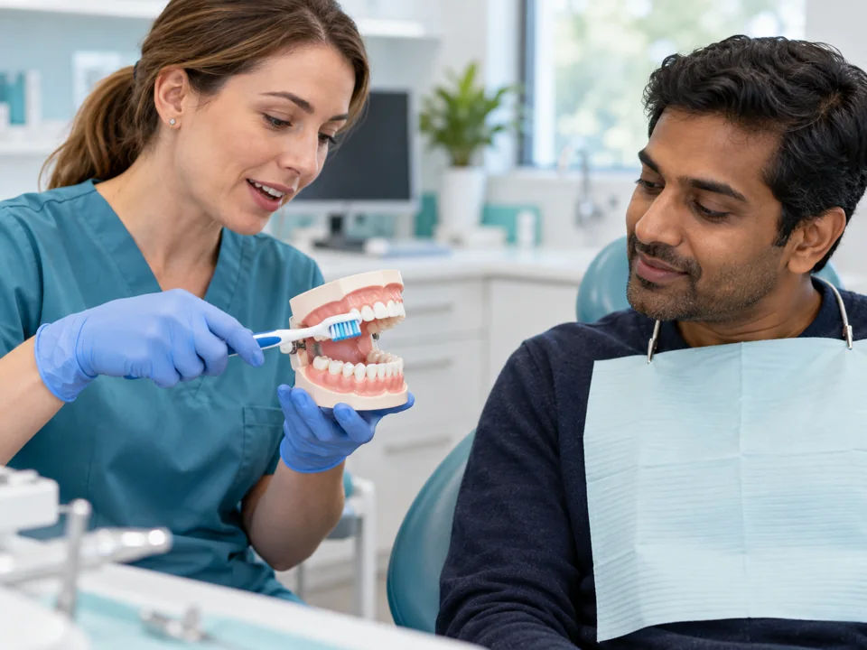 Illustrative dentist explaining toothbrushing and a personal oral-care plan using a dental model