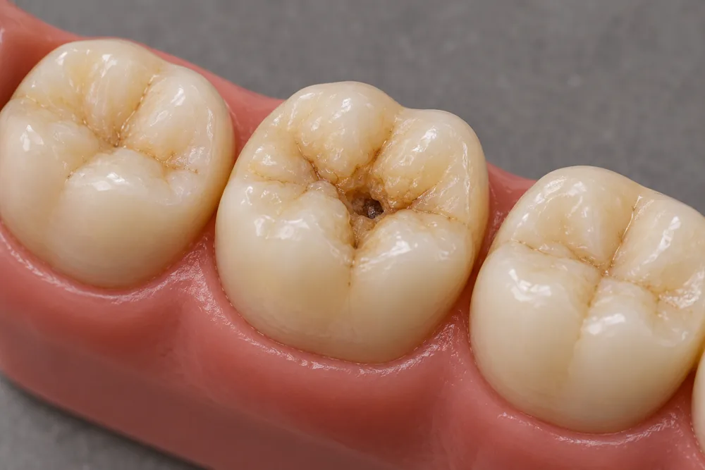 Illustrative dental filling stage: Assess the cavity on the same molar teaching model