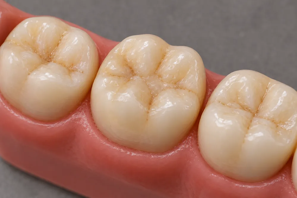 Illustrative dental filling stage: Shape, polish and check on the same molar teaching model