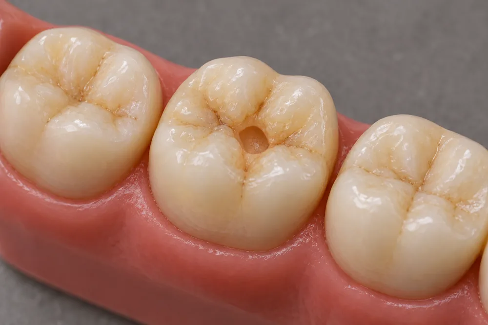 Illustrative dental filling stage: Prepare and restore on the same molar teaching model