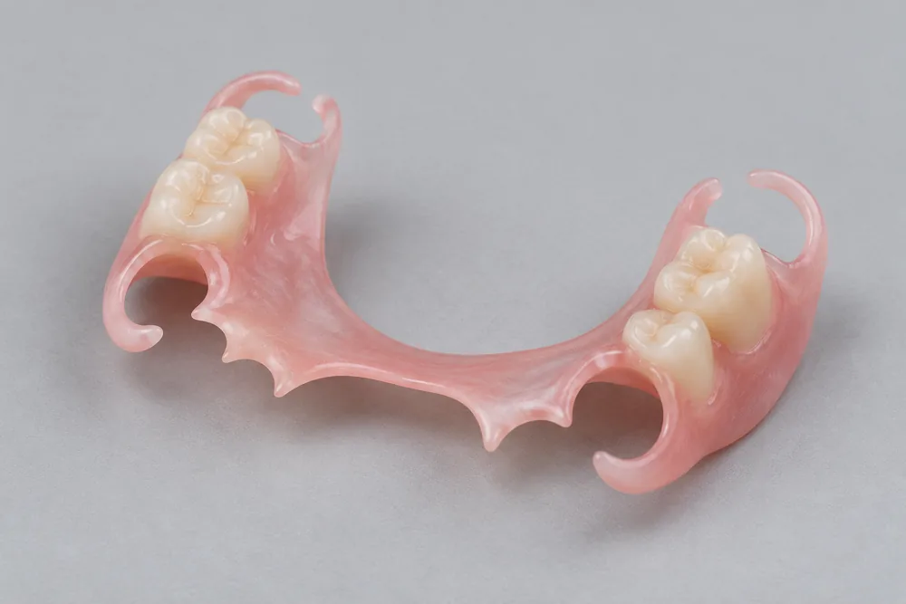 Illustrative flexible removable partial denture with gum-coloured base and clasps Illustrative flexible removable partial denture with gum-coloured base and clasps