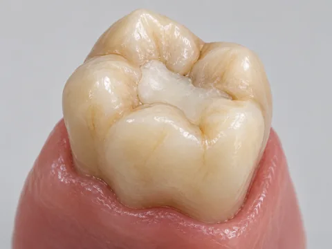 Glass ionomer filling with a slightly opaque near tooth-coloured appearance