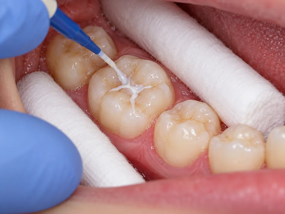 Illustrative close-up of sealant material placed in the grooves of a molar with cotton-roll isolation