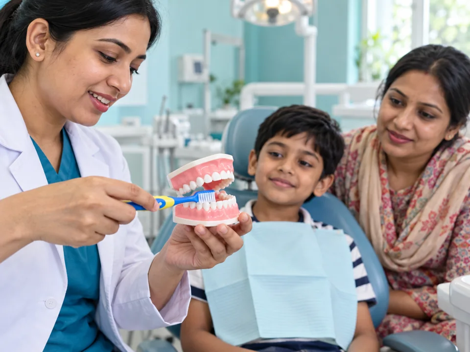 Illustrative scene of a dentist explaining oral care with a tooth model to a child and parent