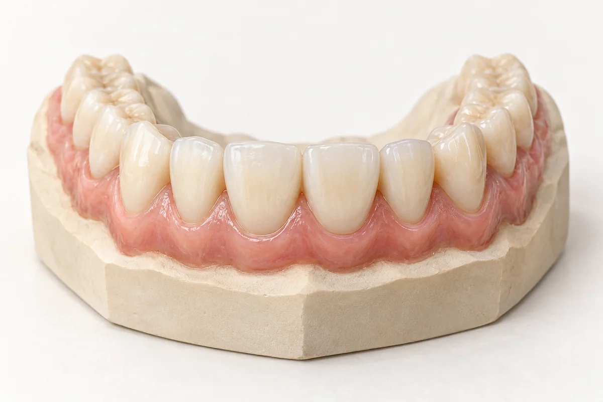 Illustrative dental study model showing natural tooth contours and tooth-coloured restorative appearance.