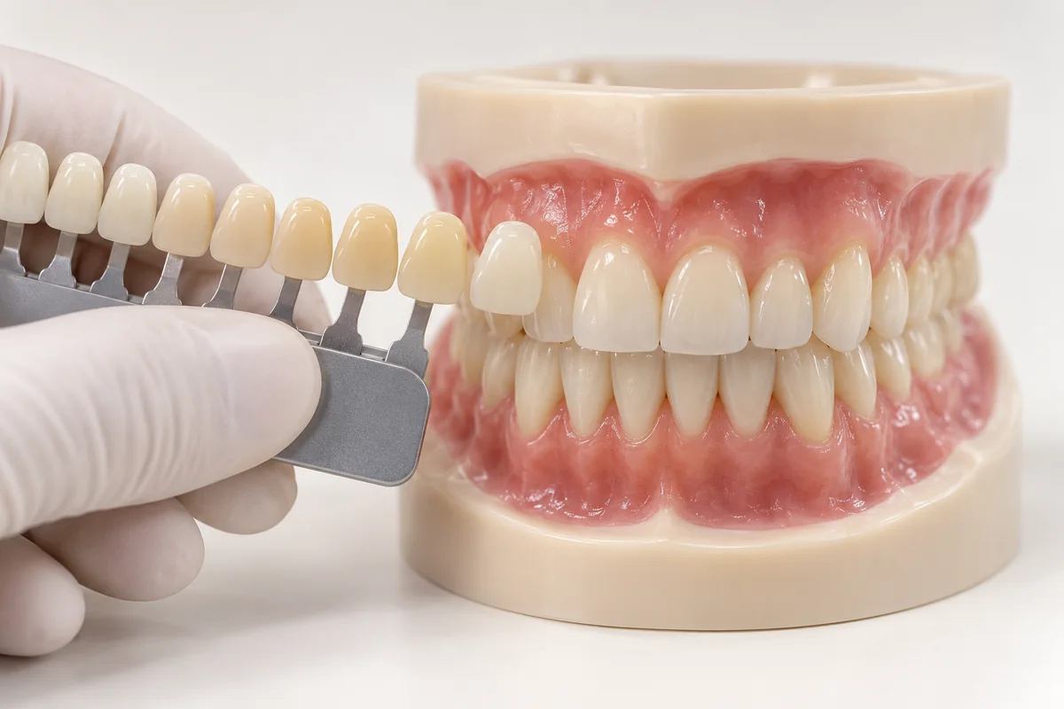 Illustrative dental study model and shade guide used to explain planning of a crown or bridge.