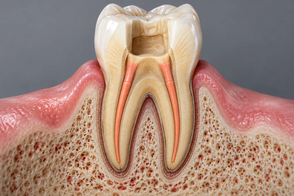 Realistic cutaway illustration of gutta-percha fillings inside prepared molar root canals