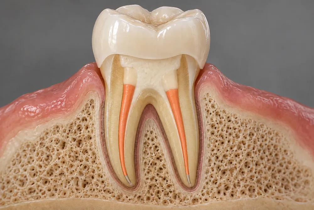 Realistic cutaway illustration of root canal fillings beneath a sealed core and protective crown