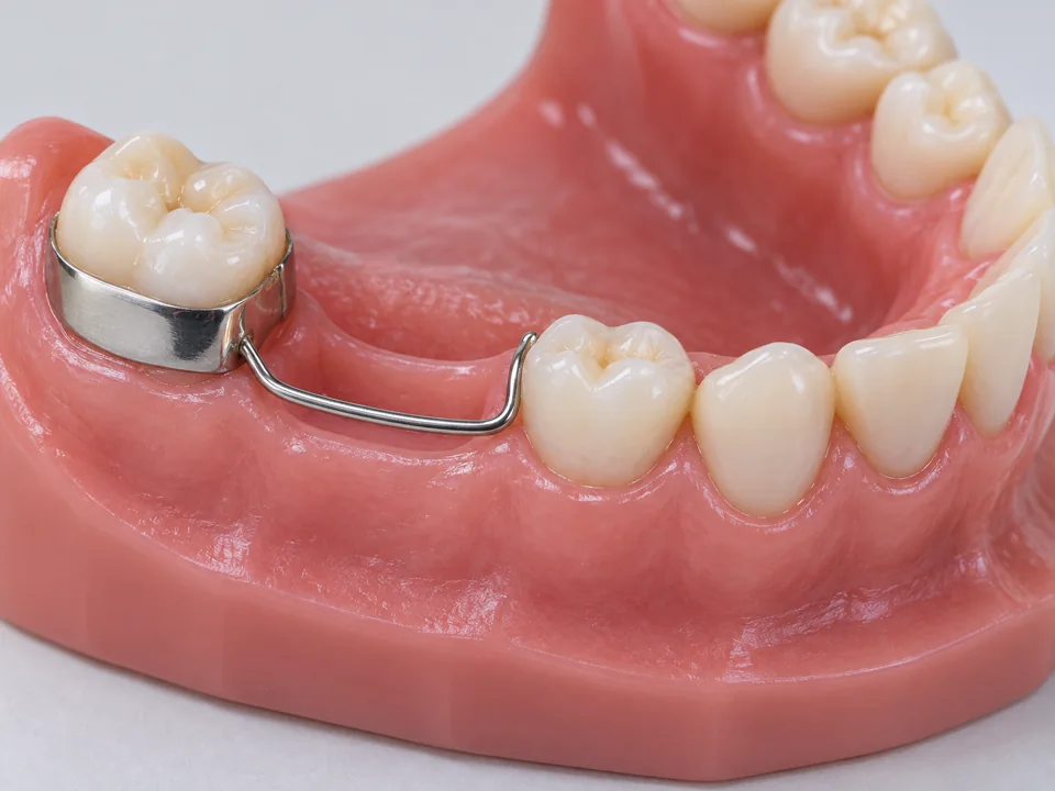 Illustrative dental model showing a band-and-loop appliance across a single missing primary-tooth space