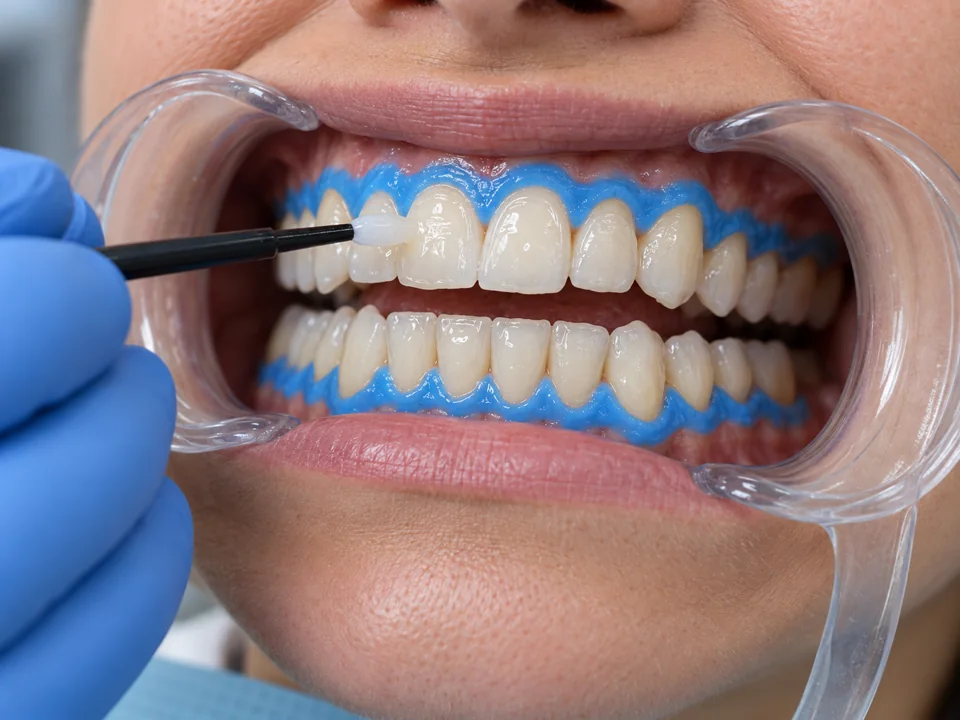 Illustrative dentist applying whitening gel to natural teeth with a protective gingival barrier