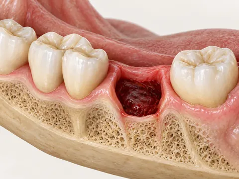 03 · Protect the healing socket Cutaway illustration of a lower molar extraction socket with a protective blood clot and adjacent teeth