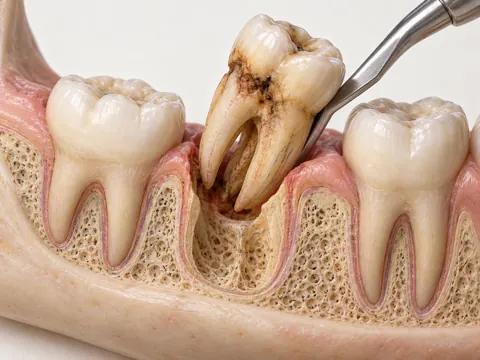 02 · Numb and remove the tooth Cross-section illustrating local anaesthesia and careful elevation of a damaged molar from its socket