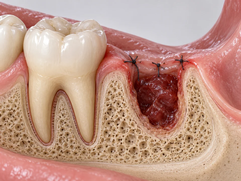 Realistic cutaway illustration of an empty wisdom tooth socket protected by a blood clot with stitches in the gum