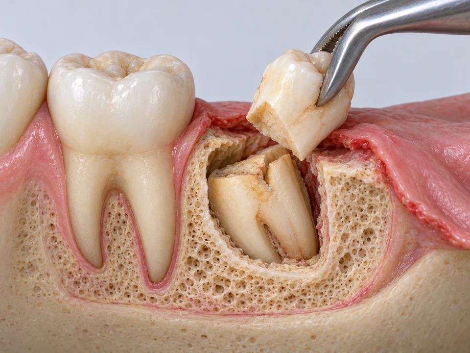 Realistic cutaway illustration of a separated wisdom tooth crown being lifted while roots remain for the next removal stage